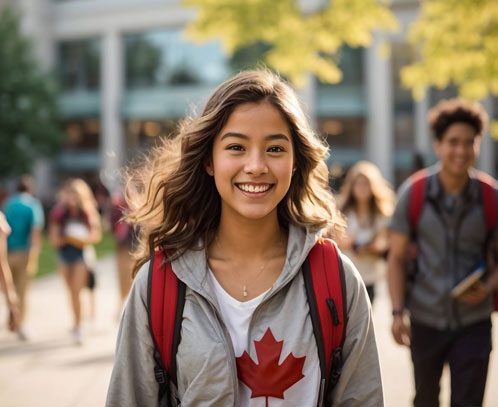 International student in Canada wearing a backpack with a Canadian flag